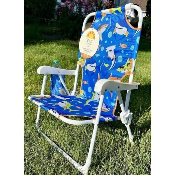 C&C CaliforniaBeach Chair Ages 3-6 Sharks Aquatic  Blue Umbrella Navy Cu… - Picture 7 of 9